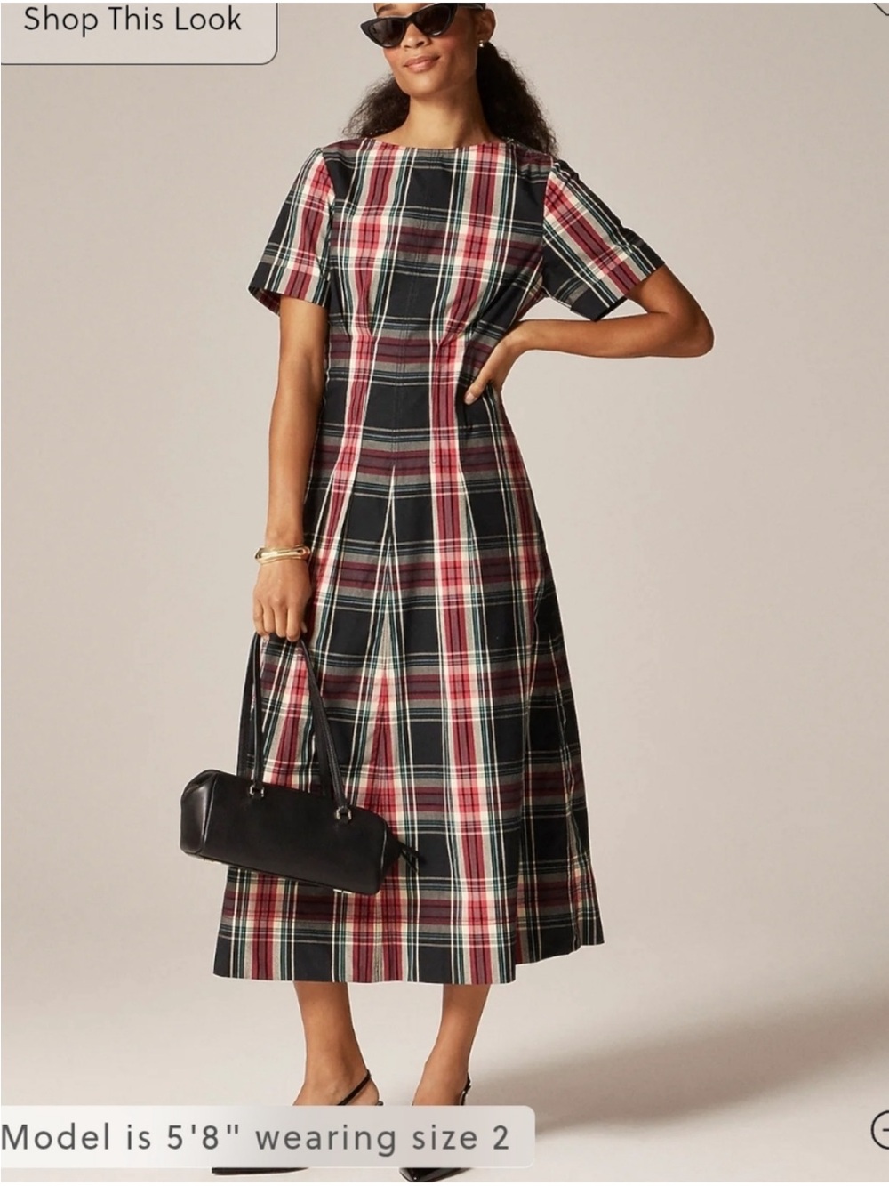 J. Crew Short Sleeve Tartan Midi Dress in Cotton Blend